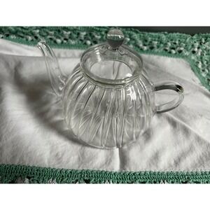 Vintage Clear Ribbed Glass Teapot with Infuser and Lid Pumpkin Shape 3 Piece Set